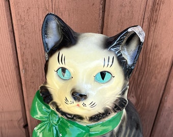 Cat Tabby with Green Bow, Chalk, Plaster, Collectible, Vintage, Large, Animal , Statue, Figurine