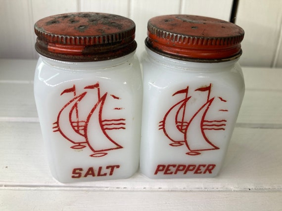Vintage Hazel Atlas Milk Glass Salt & Pepper Shakers: Red Sailboat 