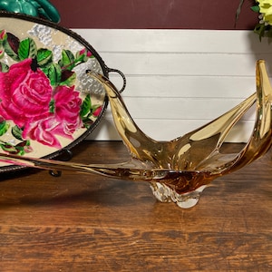 Chalet, Art Glass, Table Centrepiece, Vintage, Hand Blown, Canadian, Art Glass, MCM, Art Nouveau, Stretched, Pulled, Amber, Signed