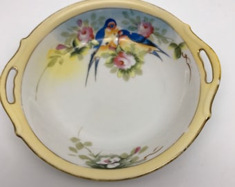 Antique Nippon Relish Tray Dish Hand Painted Porcelain Blue Birds Floral Pink White Dogwood Blossoms Shabby Cottage Chic Japan