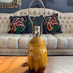 Vintage Mid Century Modern Table Lamp: Harvest Gold Drip Glaze Ceramic