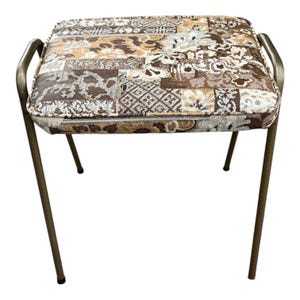 Vintage Mid Century Modern Stacking Stool: Patchwork Vinyl Seat, Bronze Legs