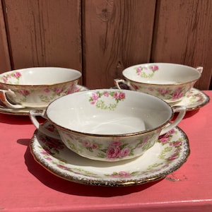 Alfred Meakin Double Handed Cream Soup Bowl Cup and Under Plate Rose Bower pattern  Soup Bowls Gold Gilt England Vintage Set of 4