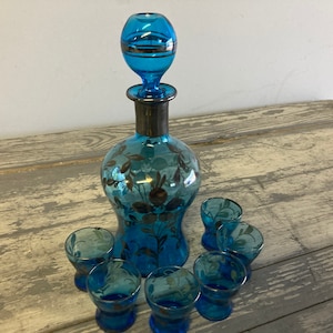 Decanter Set, Carafe, Glasses, Hand Blown, Bohemian, Vintage, MCM, Mid Century, Barware, Turquoise