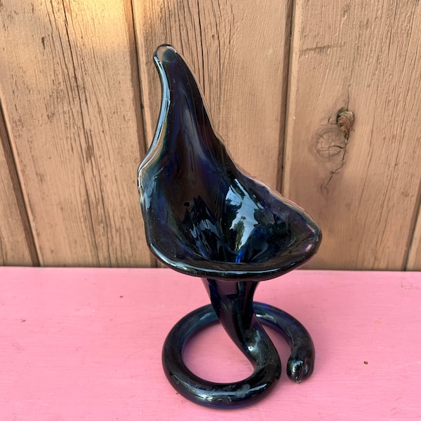 Vase Glass Jack in the Pulpit Vintage Hand Blown Dark Blue and Green Art Glass Coil Base