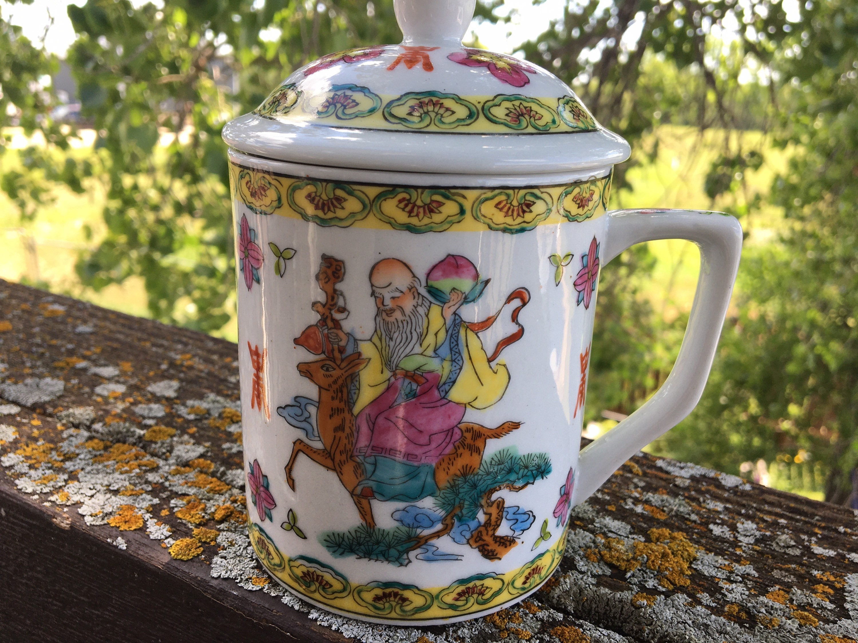 Chinese Porcelain Tea Cup With Lid Hand Painted Mug Etsy