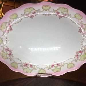 Serving Platter, Bishop & Stonier, Pink Flowers, Scalloped Rim, platter, Semi Porcelain, Antique, Meat Platter, Floral, Country Kitchen