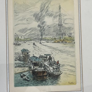 Eugene Veder Coloured Etching Parisian Street Scene Paris, France Art Views of Paris in 1928 Louvre Museum