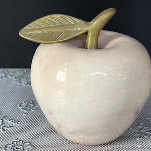 Marble Apple Brass Stem Paper Weight Blush Pink Stone Paperweight Vintage Office Decor Fruit
