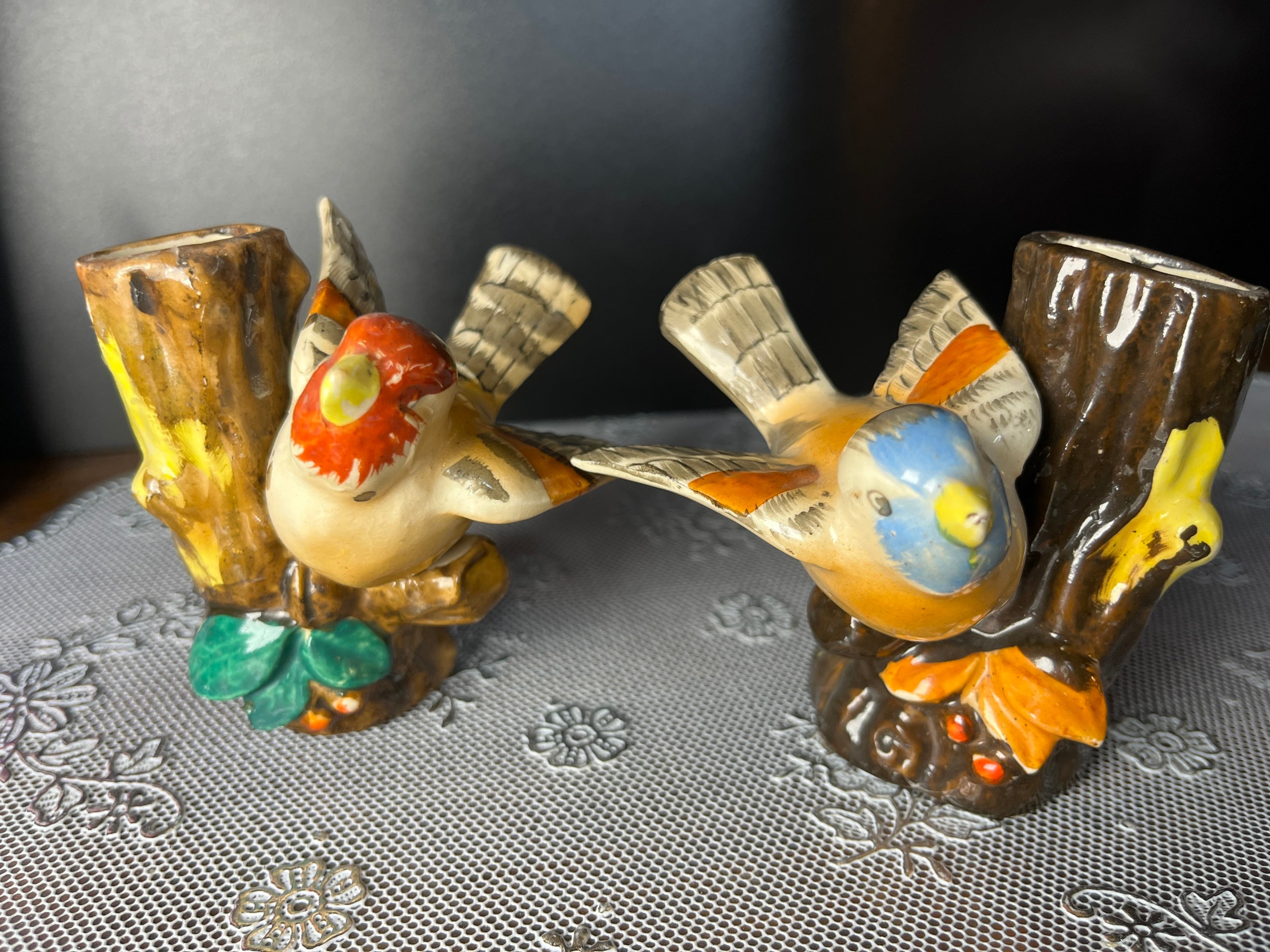 Vintage Japan Bird Wall Pocket Planter Set: Hand-painted Porcelain