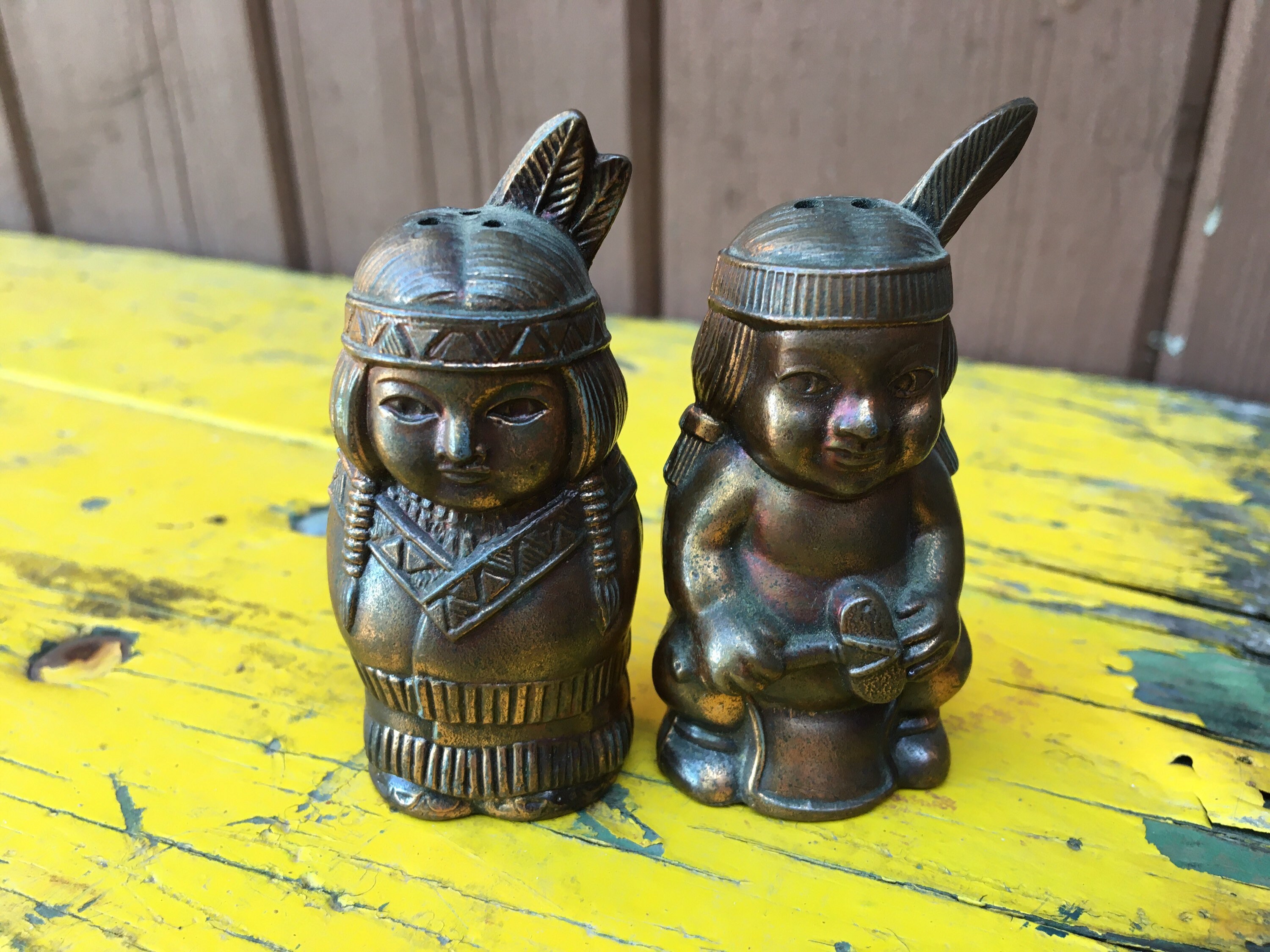Salt And Pepper Shakers Vintage Copper Iron Indigenous Male Etsy