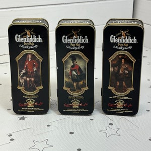 Tins Glenfiddich Unblended Scotch Whiskey Whisky Tin Metal Collectible Set of 3 Advertisement vintage