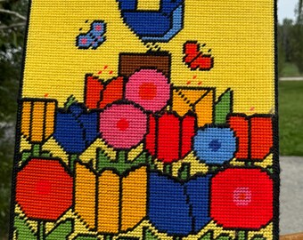 Broderie Crewel encadrée vintage : artisanat d'art hiboux et