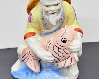 Asian Figurine Fish Man Vintage Feng Shui Statue Hand Painted Collectible Koi Fish