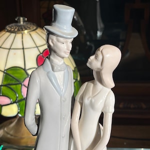 Couple Top Hat Umbrella Muted Colours Figurine Porcelain Vintage Statue anniversary Wedding Gift