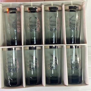 8 Glasses, Happy Anniversary, MCM, Barware,  Cutler, Fine Glassware, Blown High Ball, Tumbler, Water Glass, Vintage, Canada, BNIB Platinum