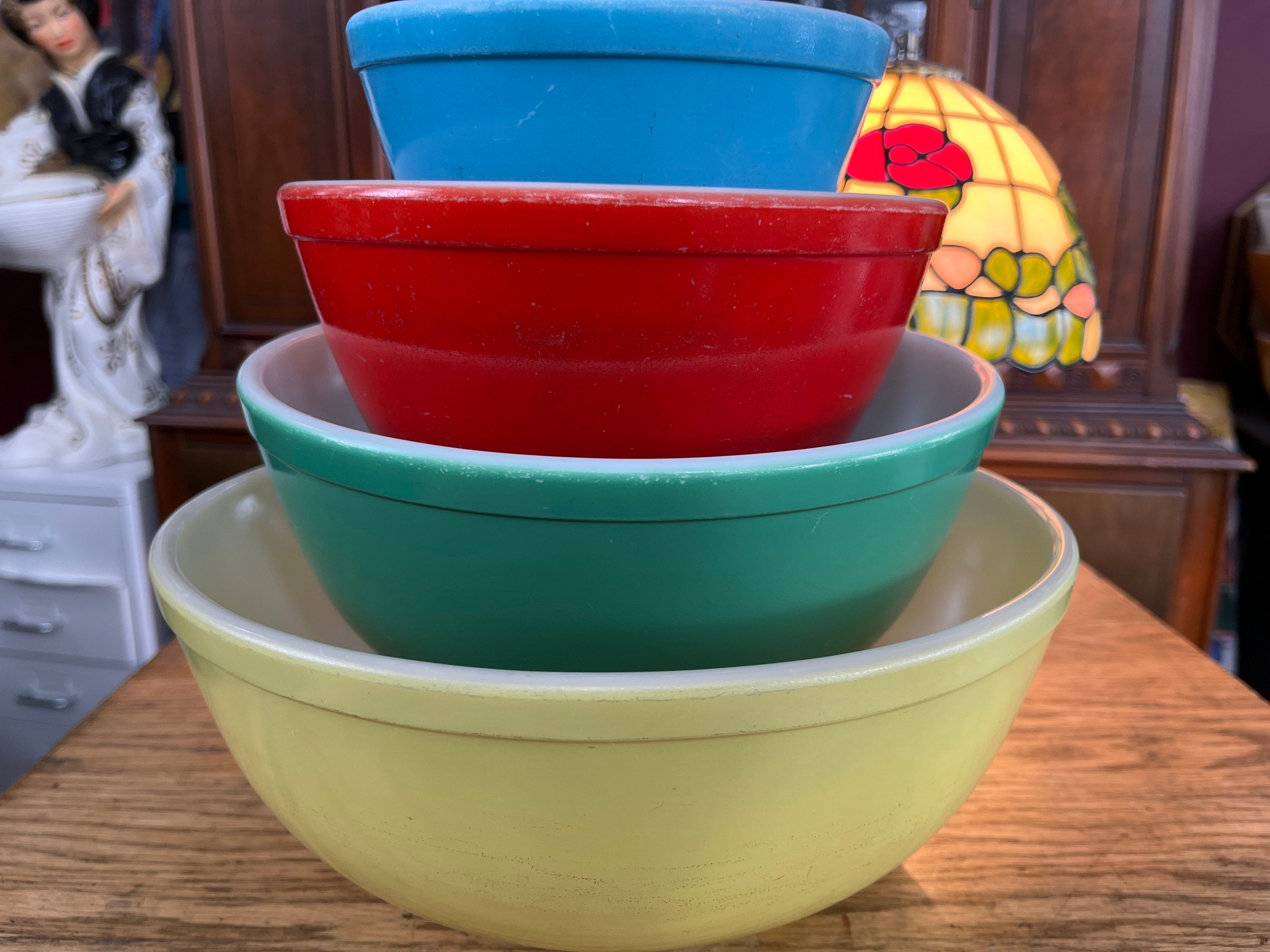 Full Set 4 PYREX Primary Color Mixing Bowls Vintage Pyrex Mixing Bowl Set  No Numbers Bowls Primitive 1940s Unnumbered Primary 