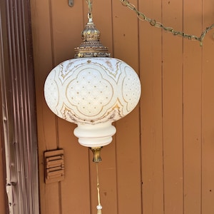 Lighting: Circa 50s,  Mid Century Lamp, Germany White Glass Gold  Light, Pendant Lamp, Swag Lamp, Mid Century, Hanging Light Fixture Vintage