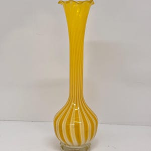 Vase, Yellow White Stripe Ruffle Top Hand Blown Art glass Vintage