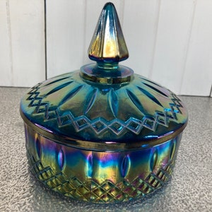 Blue Purple Iridescent Diamond Dish/Bowl by Indiana Glass Vintage Retro Bohemian Art Deco Catch All Art Glass