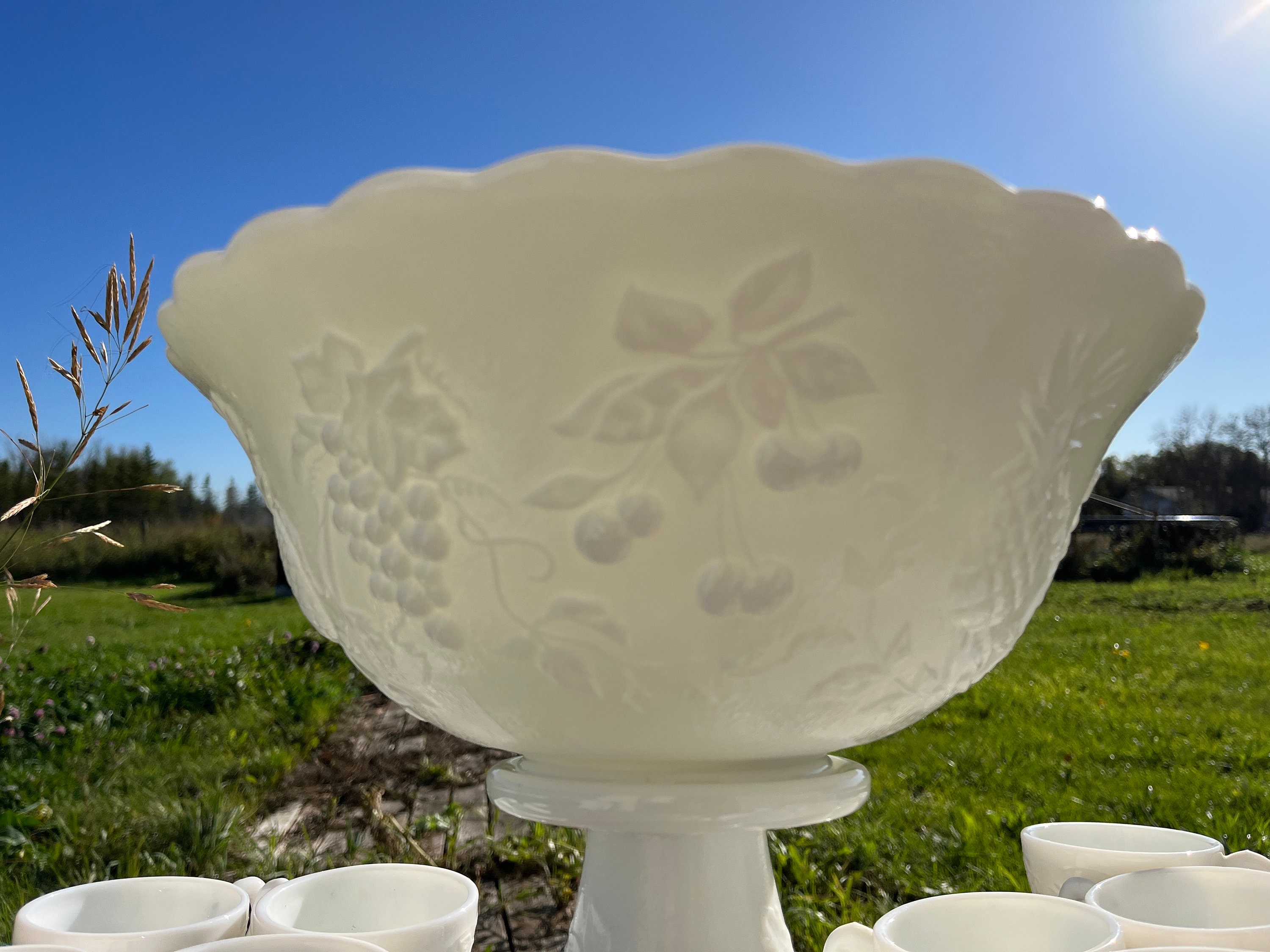 Vintage Westmoreland Milk Glass Punch Bowl Set: Fruit Design, 15 Cups,  Pedestal - Etsy