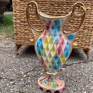 Vase Urn double handle Italy Gold Gilt Vintage Pastel Diamond Antique Footed Glaze Lustre
