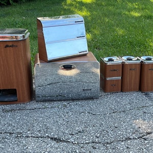 Vintage Faux Wood Kitchen Set: Queen Line Bread Box, Canisters & More