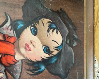 Vintage 1960s Big Eye Girl Framed Art: Eden Moppet Series MCM
