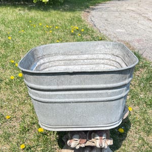 Puede incluir: Una tina de lavado de metal galvanizado con una parte superior cuadrada y esquinas redondeadas. La tina está sostenida por una base de piedra decorativa con tres esculturas de perros. La escena está ambientada al aire libre en un césped con dientes de león.