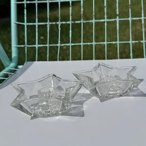 Glass Candle Holders Hazel Atlas Star Glass Set of 2 Vintage MCM mid century Pressed Glass