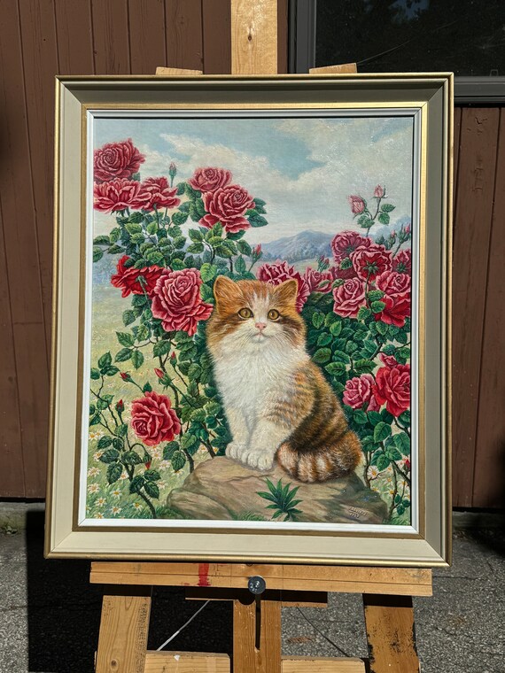 油絵 絵画【猫とピンク薔薇】 油絵「薔薇と猫」 | iichi 日々の暮らし