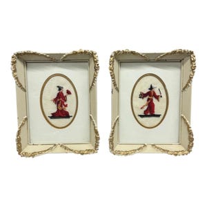 Couple Asian  Man Woman Traditional Clothing Petit Point Framed Art -  Needlepoint - Framed Embroidery  Vintage Frames wood Gesso Set of 2