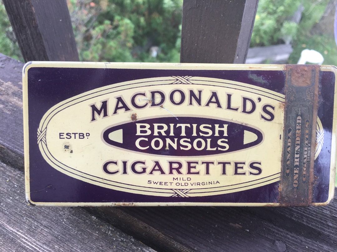 Macdonald’s British Consols Cigarette, Empty, Tin, Canada, Collectible, Tobacco, Advertisement, Virgina, 50 Consols