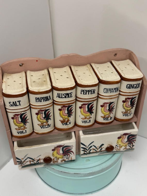 Vintage Rooster Spice Set With Rack, 6 Shakers, Japan Drawers - Etsy