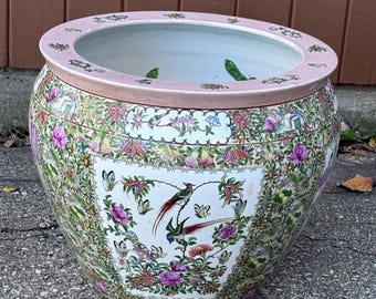 Pot Large Chinese Fishbowl Pot Porcelain Planter Asian Famille Rose Jardinere Koi Fish Decor Bird of Paradise