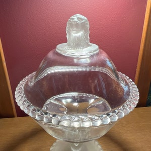 EAPG Lion Head Frosted Glass Compote: Gillinder & Sons, 1880s Antique Candy Dish