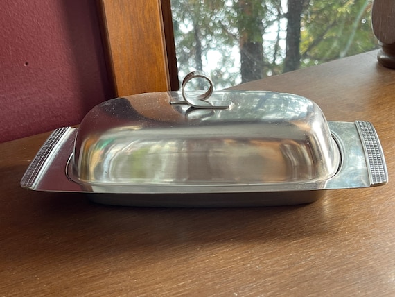 Butter Dish Vintage Covered Dish Glass Insert Chrome Japan Retro