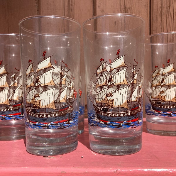 BNIB, Galleon, Ship, Pirate, Set 6, Glasses,  Tumbler Water Beverage, Decorated Glass, Vintage,, MCM, Libbey, St. Clair, Hostess, Gift Set