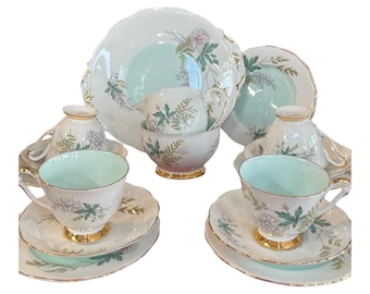 Vintage Queen Anne Tea Set: England Bone China, Pink Roses, Gold Gilt
