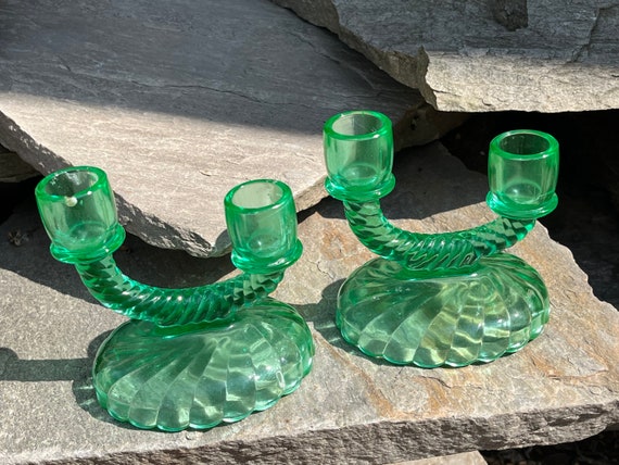 Vintage Imperial Glas Kerzenhalter Set: Ultramarine Grün Newbound Swirl Doppel Kerzenhalter