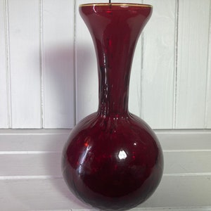 Vase, Victorian, Ruby,  Cranberry, Red, Art Glass, Hand Blown, Antique, Ruffle, Yellow Lip, Dimpled Bottom, Antique, Vintage