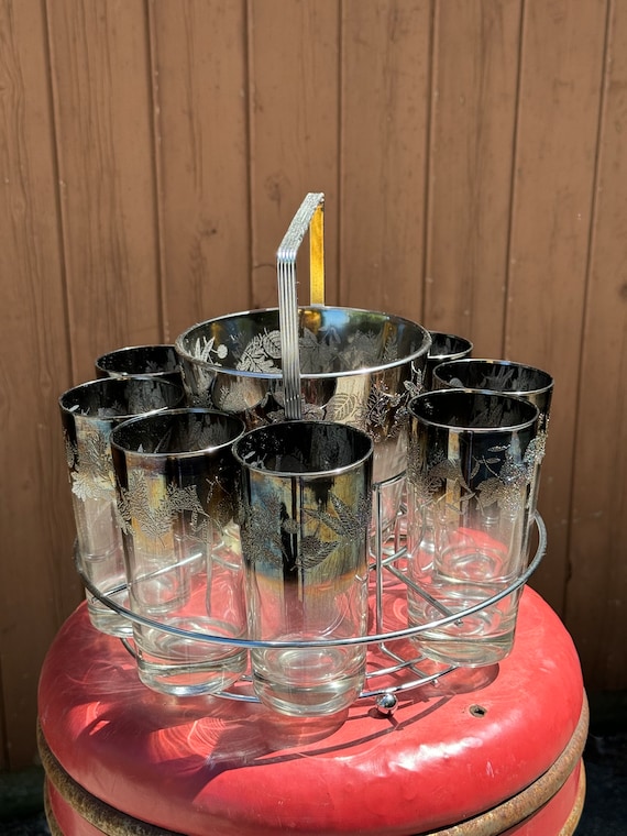 バーベキュー・調理用品 OLD THEATER UNREAL HI-BALL GLASS Vintage Dorothy Thorpe Barware Set: Silver Fade Highball Glasses