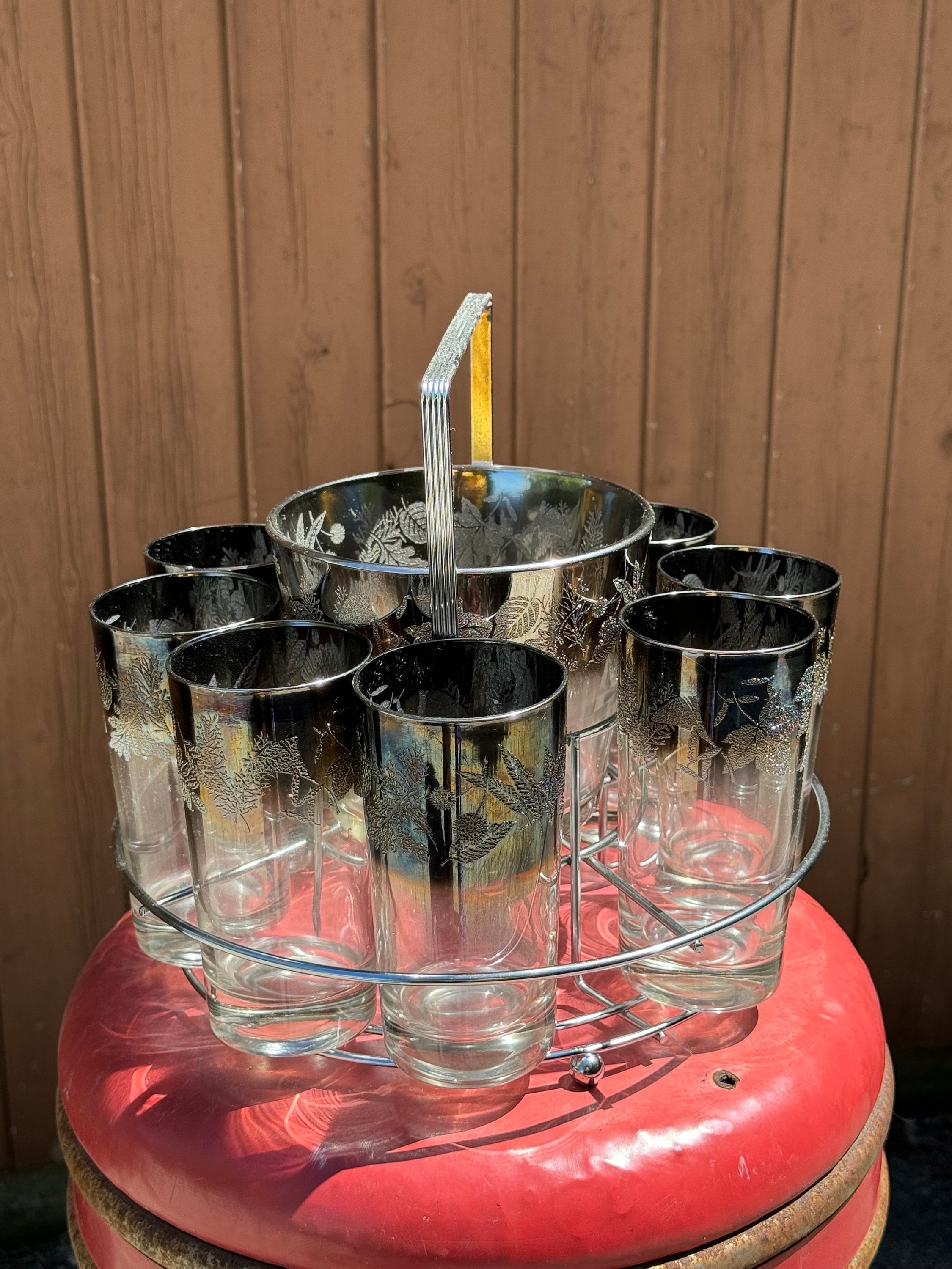 Vintage Dorothy Thorpe Barware Set: Silver Fade Highball Glasses