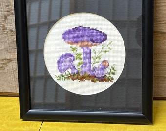 Vintage Framed Mushroom Needlepoint: Handmade Petit Point Art