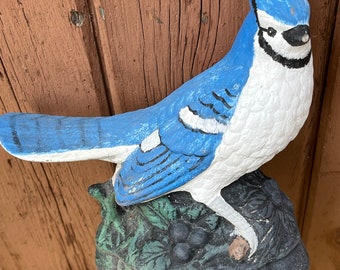 Bird Blue Jay Outdoor Decoration, Vintage Wood Figurine Hanger Yard Art, Fence Post art Garden Decor
