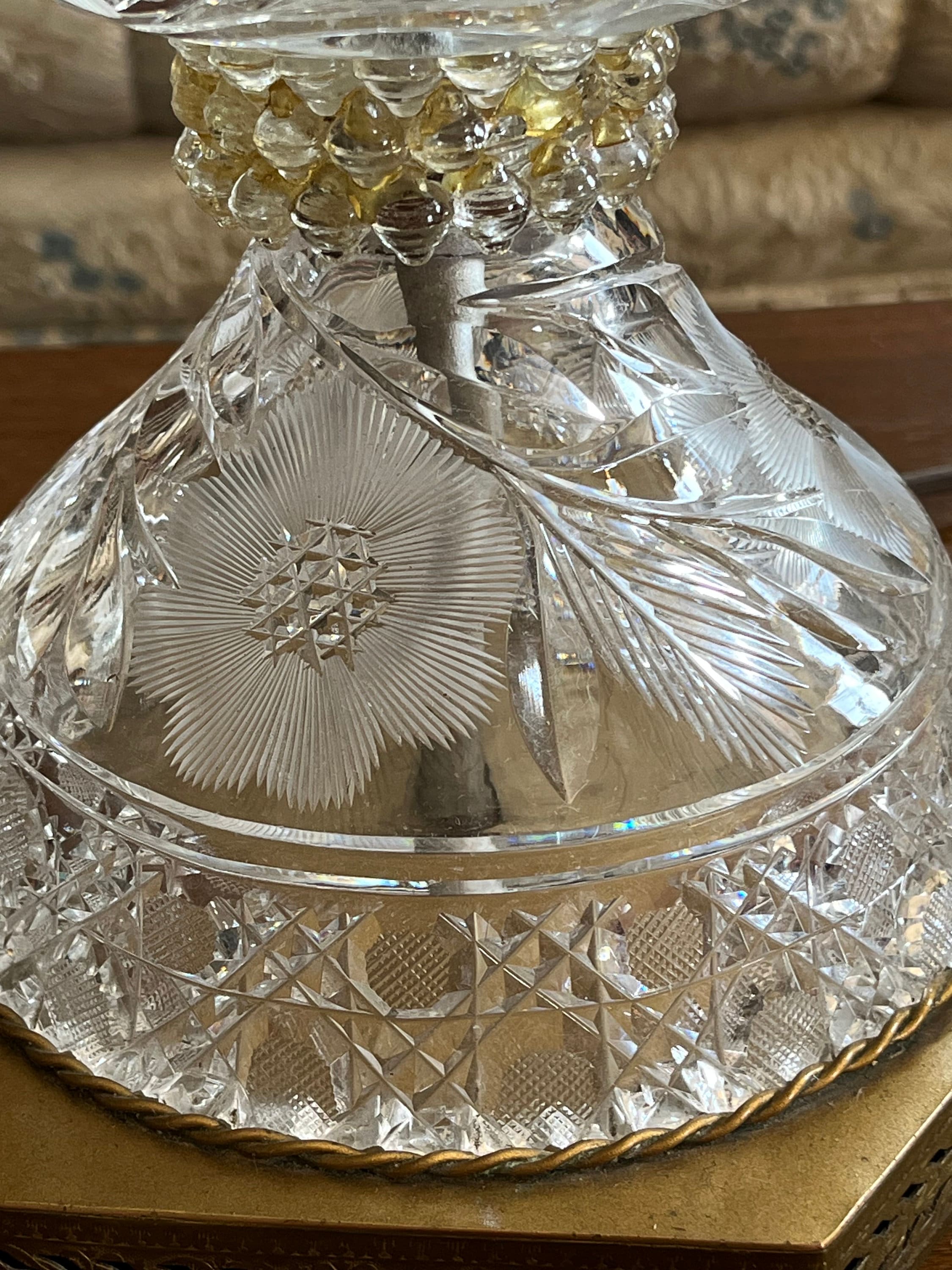 Antique Cut Crystal Table Lamp: Etched Pansy Flower, Pierced Brass