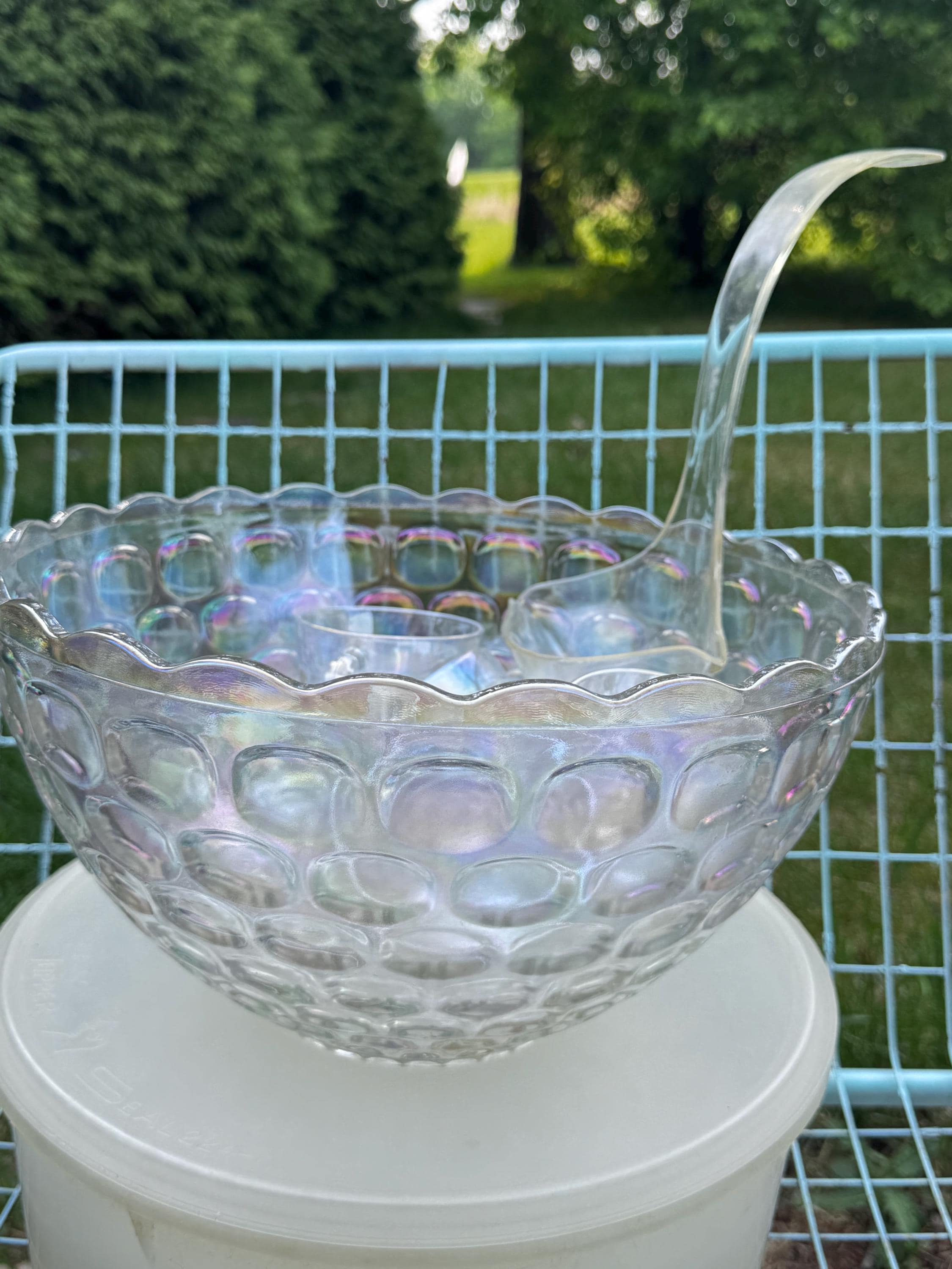 Vintage Federal Glass Iridescent Punch Bowl Set: 12 Cups, Ladle