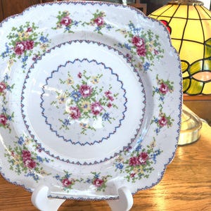 Plate Square Dinner Plate Royal Albert Petit Point Dish Vintage Gold trim Needlework Floral Pink Rose Flower Bone China