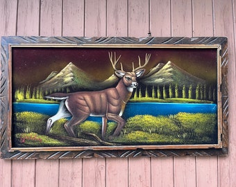 Black Velvet,  Landscape, Buck Deer Stag,  MCM,  Original, Vintage, Art Work, Mid Century, Signed, MCM, Mexico, oil Painting, Cottage Cabin