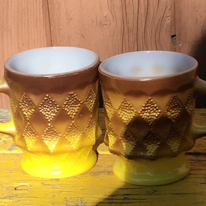 2 Fire King, Fireking, Anchor Hocking,   C handle, Kimberly mugs,  Glass,  Vintage, Retro, Mug,  Oven Proof, Diamond